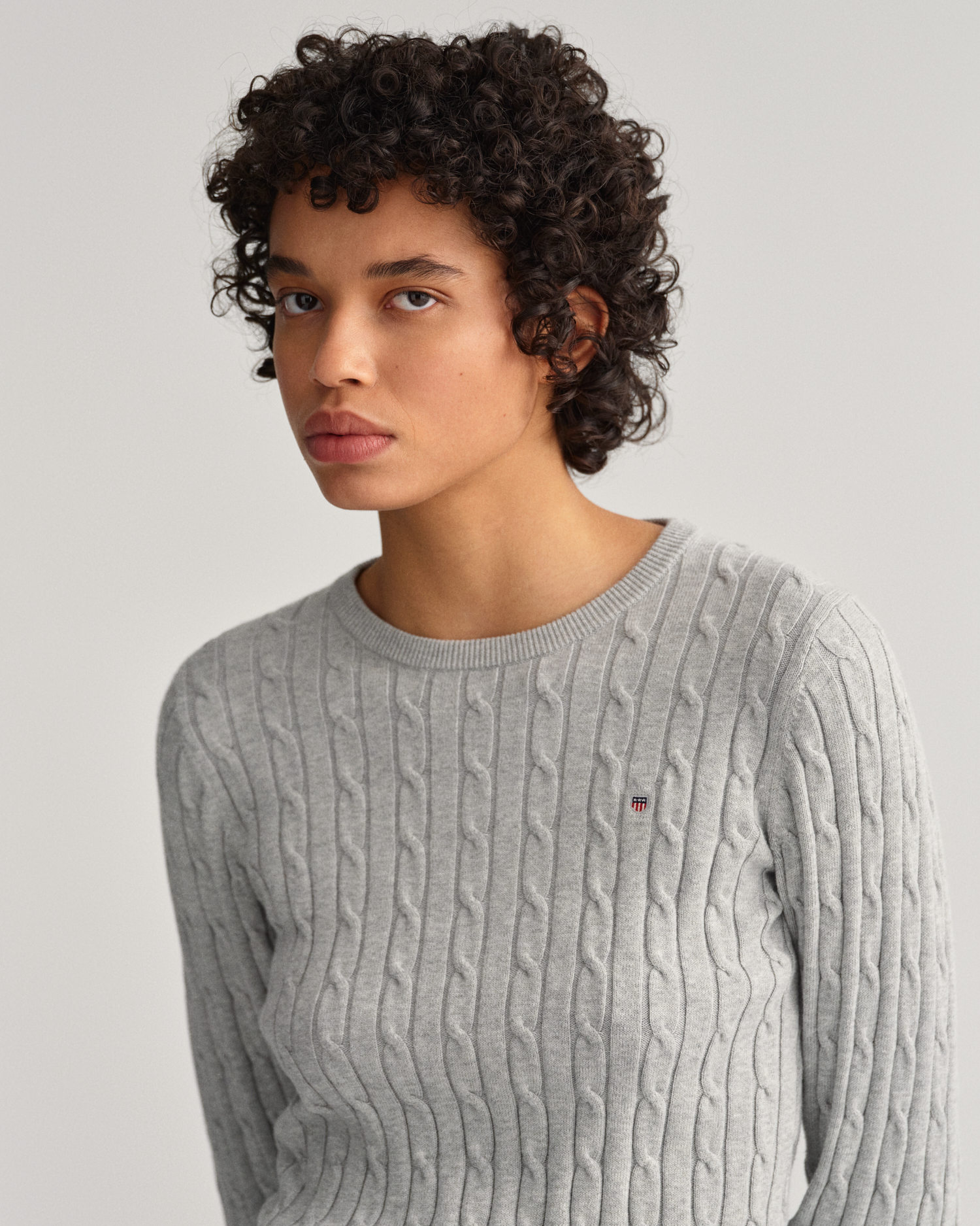 Stretch Cotton Cable Crew Neck Sweater